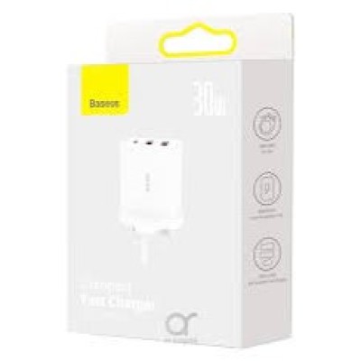 Baseus Compact Fast Charger 2U+C 30W UK 3 Pin  WHITE