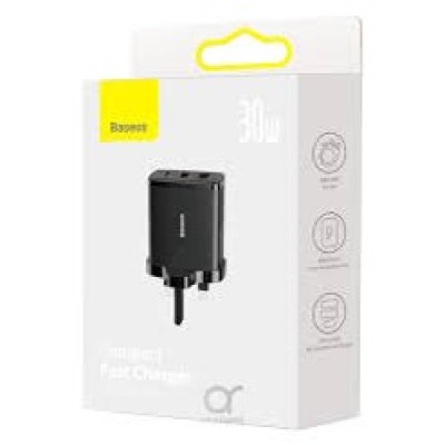 Baseus Compact Fast Charger 2U+C 30W UK 3 Pin  Black