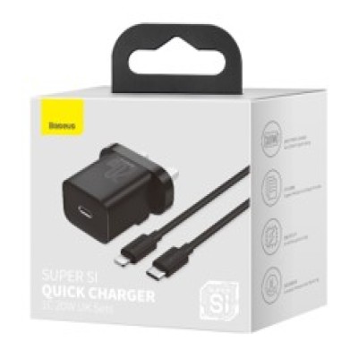 Baseus Super Si Quick Charger 1C 20W UK 3 Pin  Sets Black（With Simple Wisdom Date Cable Type-C to iP 1m Black)
