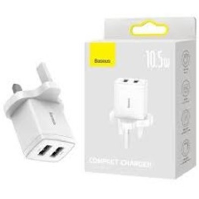 Baseus 10.5w Dual Usb Compact Charger UK 3 Pin  WHITE