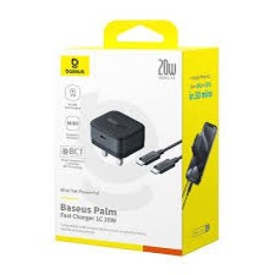 Baseus Palm Fast Charger 1C 20W UK Cluster Black (with Baseus Mini White Cable USB-C to USB-C 60W (20V/3A) 1m Cluster Black)