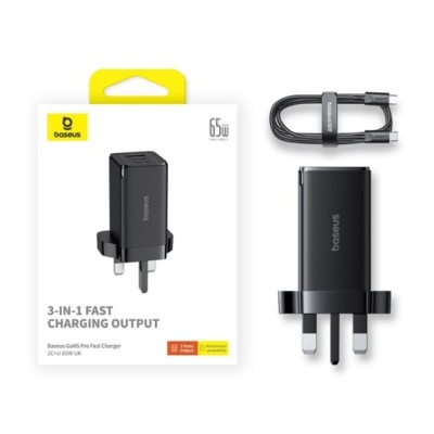 Baseus GaN5 Pro Fast Charger 2C+U 65W UK Cluster Black(Include Baseus Xiaobai series fast charging Cable Type-C to Type-C 100W(20V/5A) 1meter Black