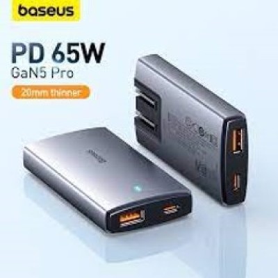Baseus GaN5 Charger 1xUSB-A 1xUSB-C 65W Grey (UK , CN & EU pin With Type -C to Type C 100W Cable)